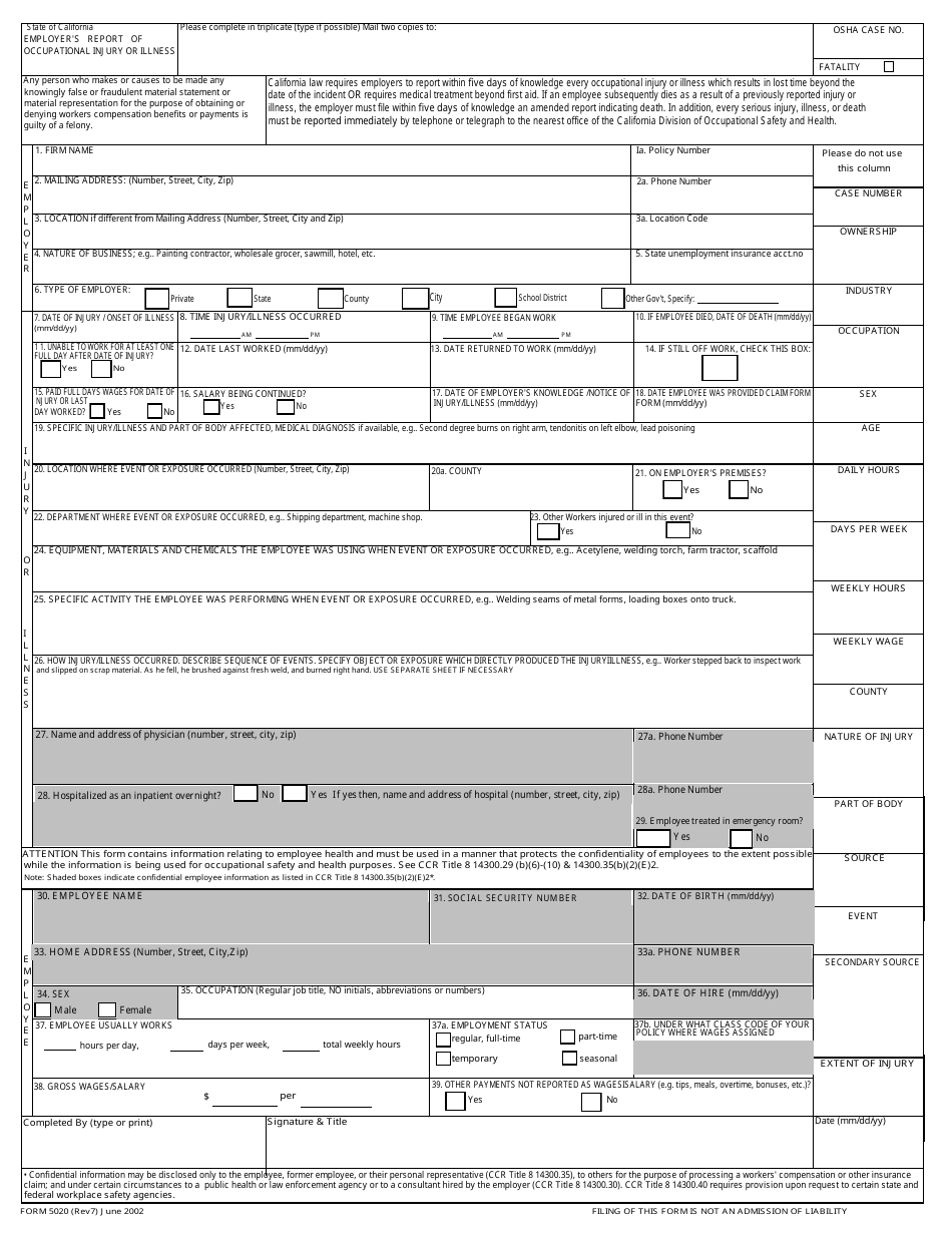 Form 5020 Employer's Report of Occupational Injury or Illness - California, Page 1