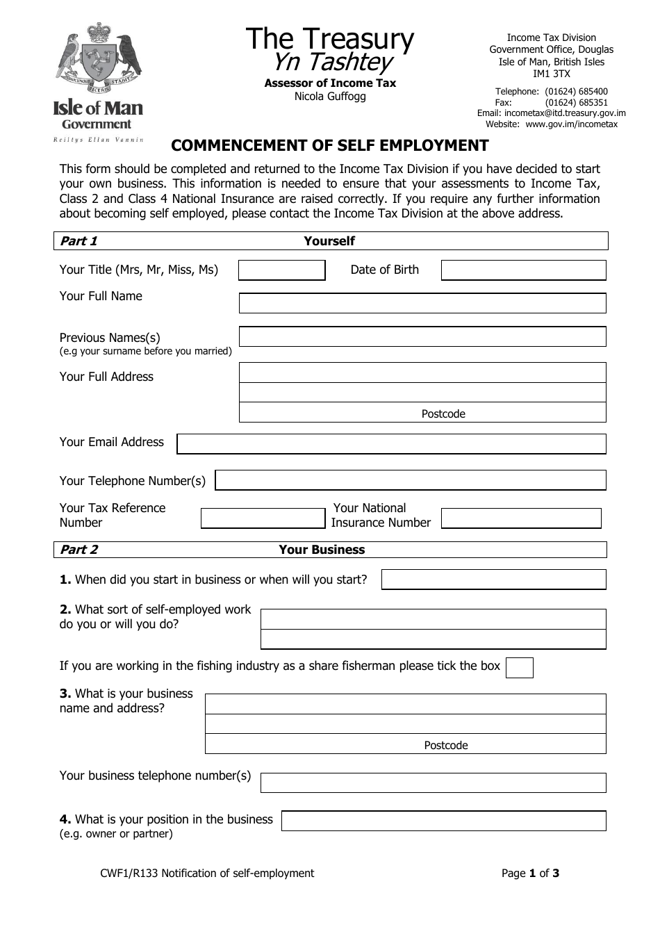 Form CWF1 / R133 Commencement of Self Employment - Isle of Man, Page 1