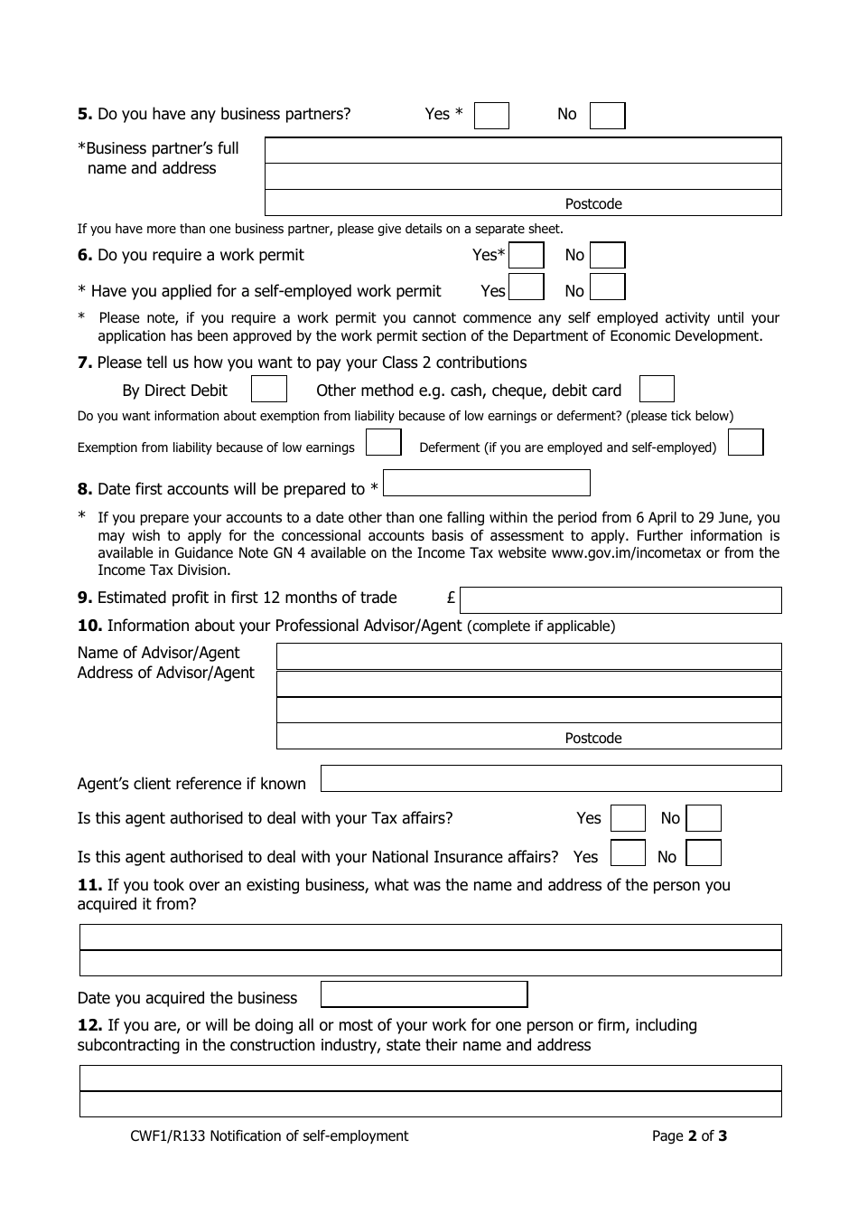 Form CWF1 / R133 Commencement of Self Employment - Isle of Man, Page 2