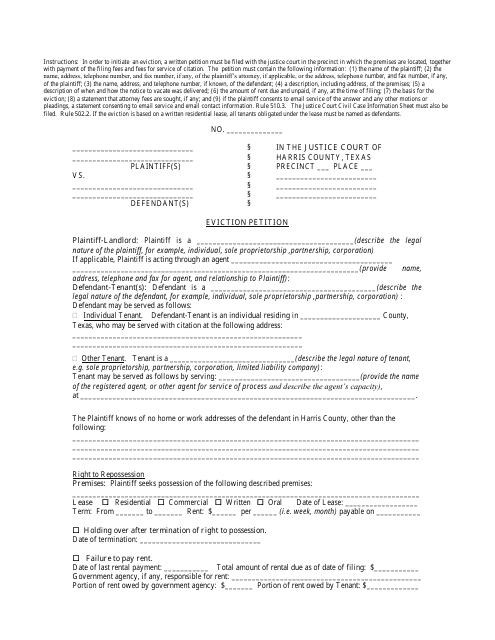 Eviction Petition Form - Harris County, Texas Download Pdf