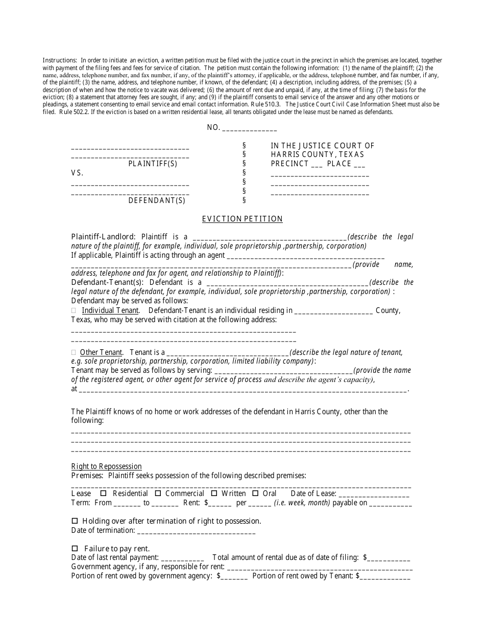 Eviction Petition Form - Harris County, Texas, Page 1