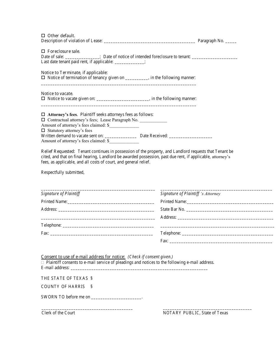 Eviction Petition Form - Harris County, Texas, Page 2