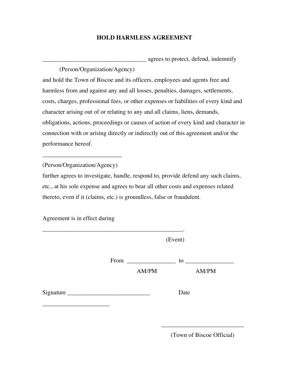 Hold Harmless Agreement Form - Town of Biscoe, North Carolina, Page 1