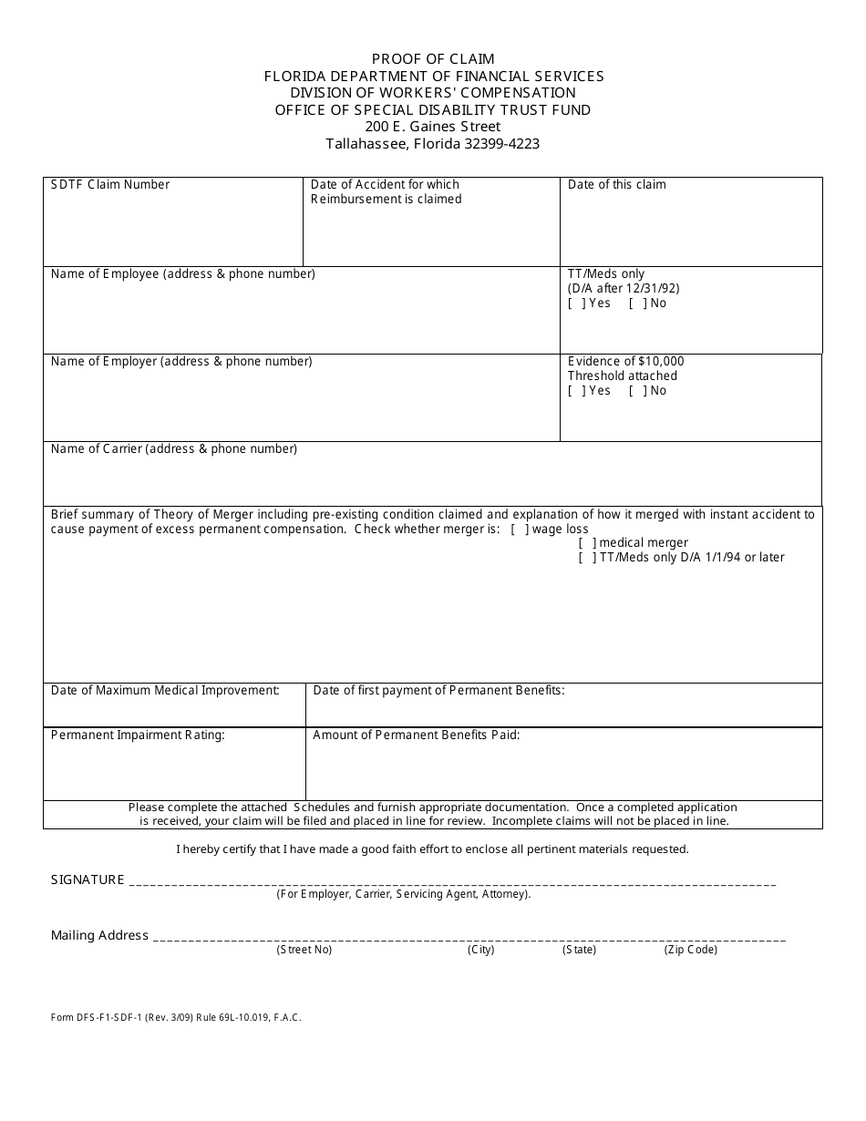 Form DFS-F1-SDF-1 Proof of Claim - Florida, Page 1