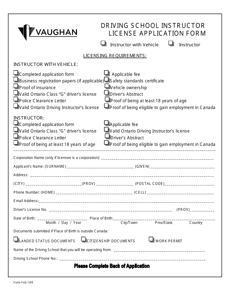 Driving School Instructor License Application Form - City of Vaughan, Ontario, Canada, Page 1