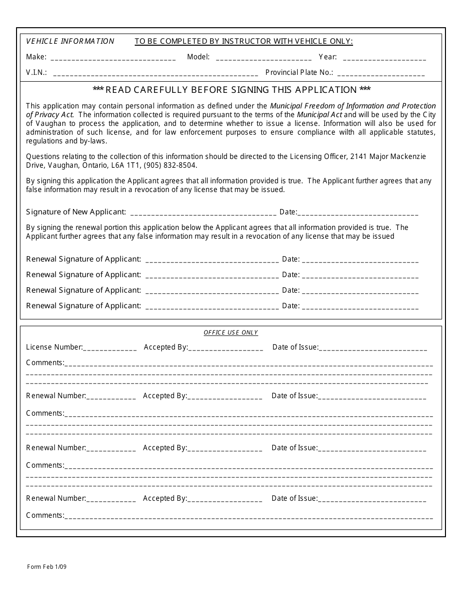 Driving School Instructor License Application Form - City of Vaughan, Ontario, Canada, Page 2