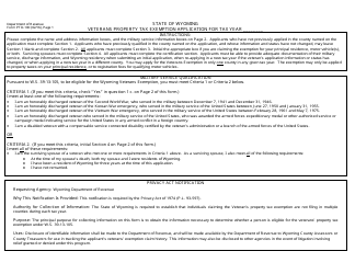 Form PTD-100 &quot;Veterans Property Tax Exemption Application&quot; - Wyoming