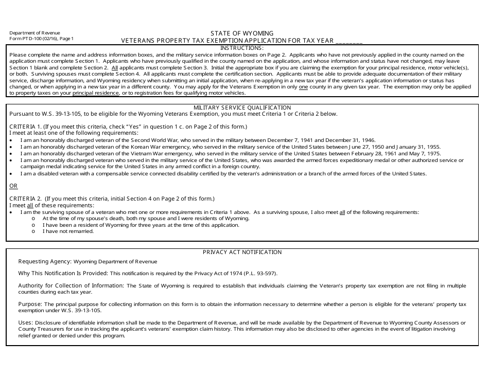 Form PTD-100 Veterans Property Tax Exemption Application - Wyoming, Page 1