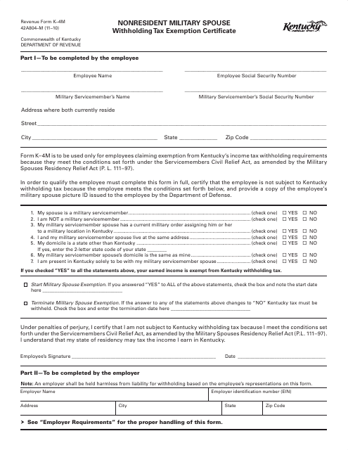 Form K-4M Nonresident Military Spouse Withholding Tax Exemption Certificate - Kentucky