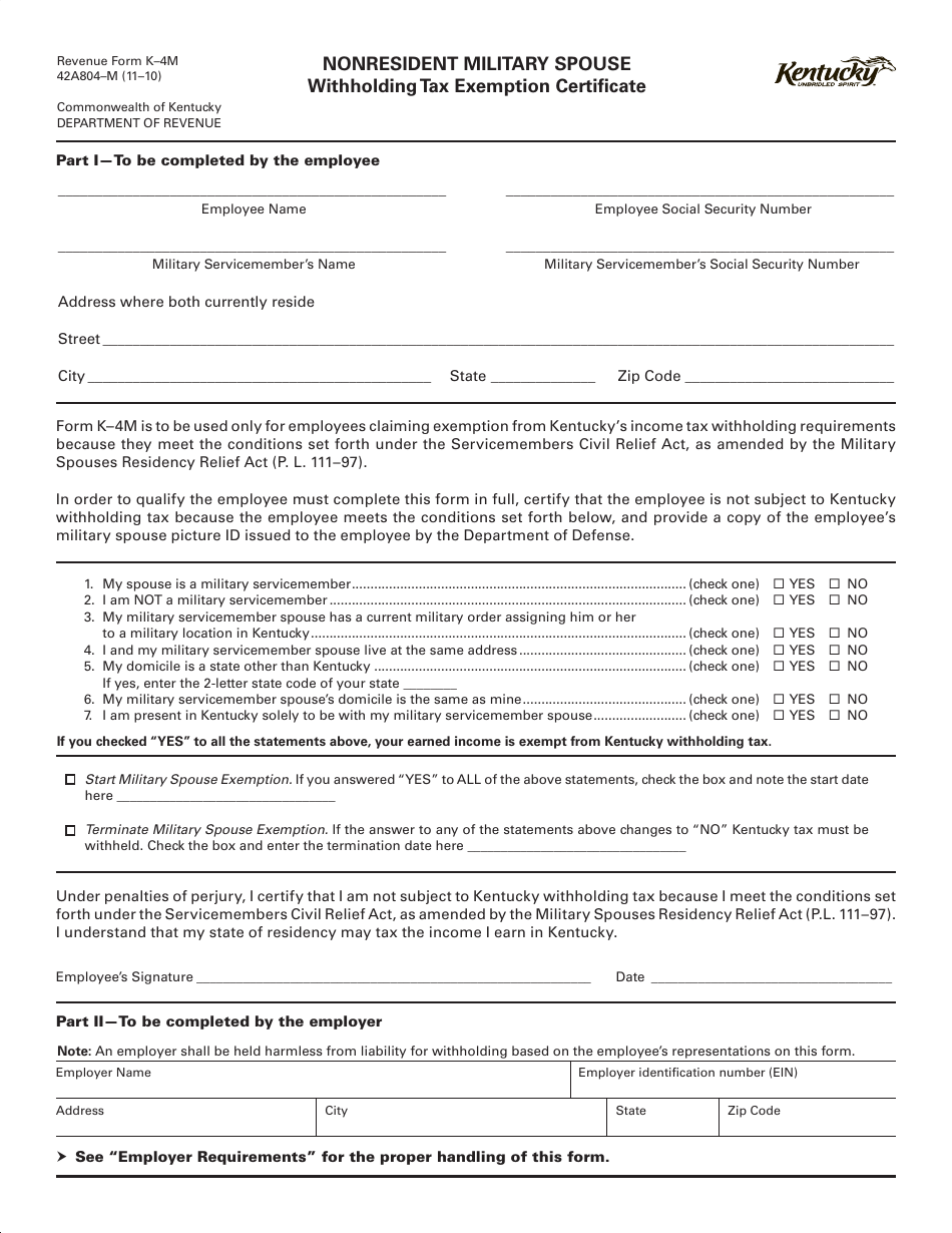 Form K-4M Nonresident Military Spouse Withholding Tax Exemption Certificate - Kentucky, Page 1