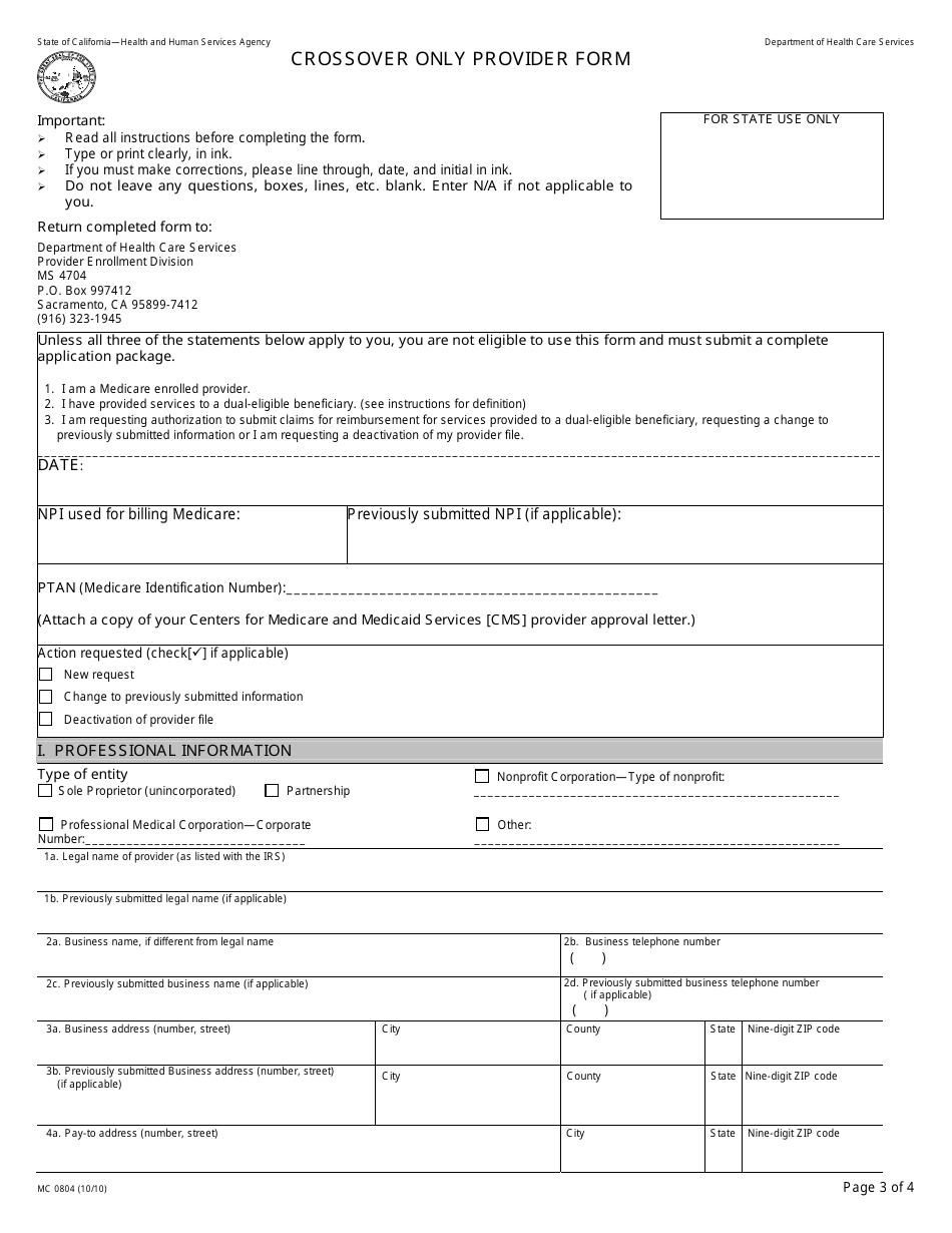 Form MC0804 Crossover Only Provider Form - California, Page 3