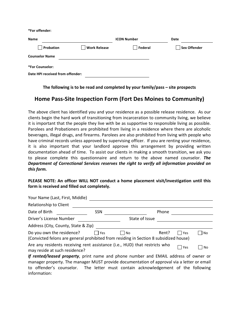Home Pass-Site Inspection Form - Fort Des Moines, Iowa, Page 1