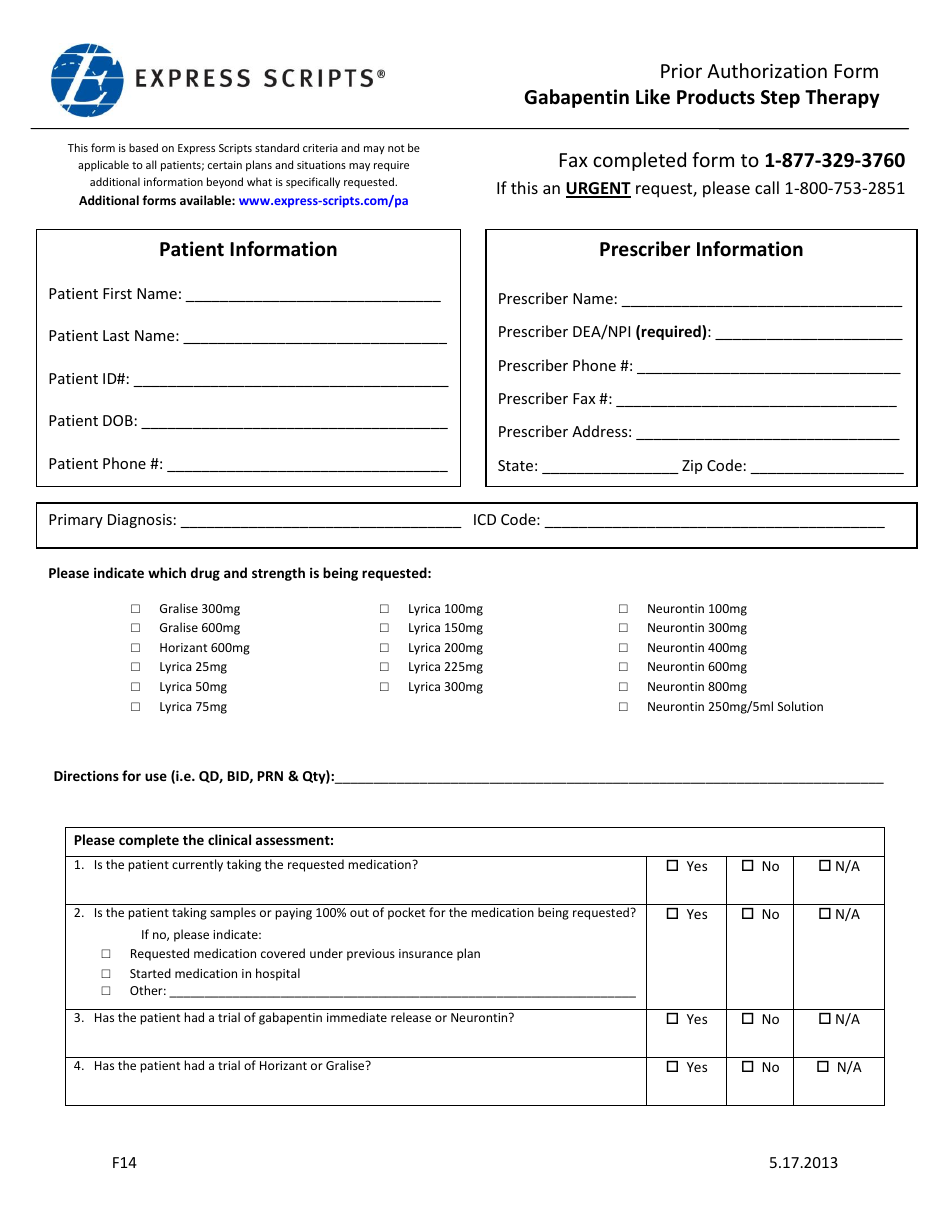 Form F14 Prior Authorization Form - Gabapentin Like Products Step Therapy - Express Scripts, Page 1
