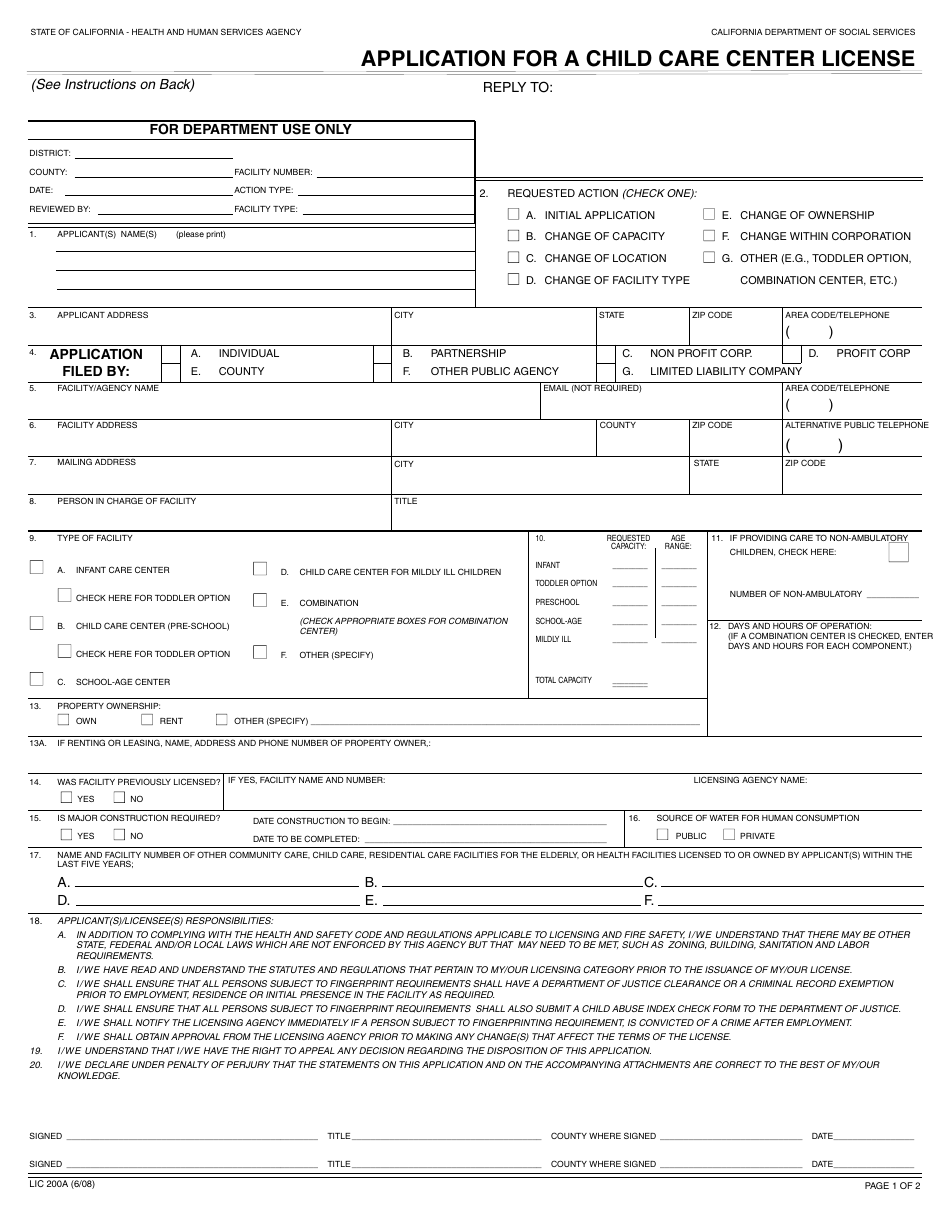 Form LIC200A Application for a Child Care Center License - California, Page 1