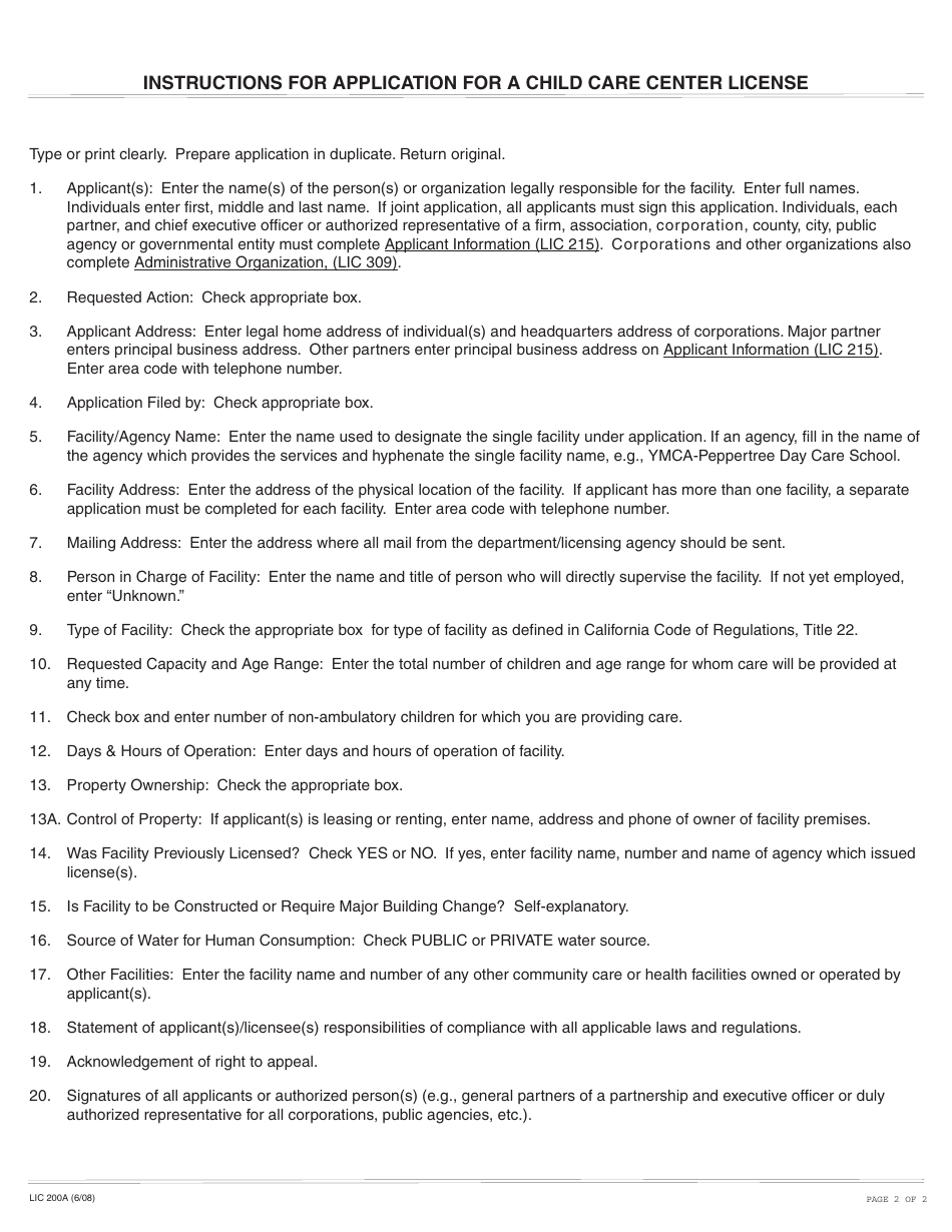 Form LIC200A Application for a Child Care Center License - California, Page 2