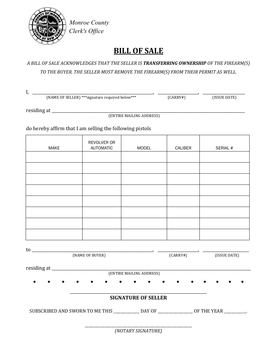 Firearm Bill of Sale - Monroe County, New York, Page 1