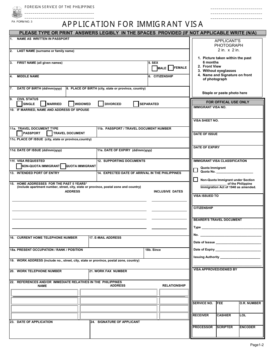 Philippines Immigrant Visa Application Form - Embassy of the Philippines - Washington, D.C., Page 1