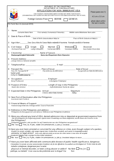 FA Form 2-A Application for Non-immigrant Visa - Philippines