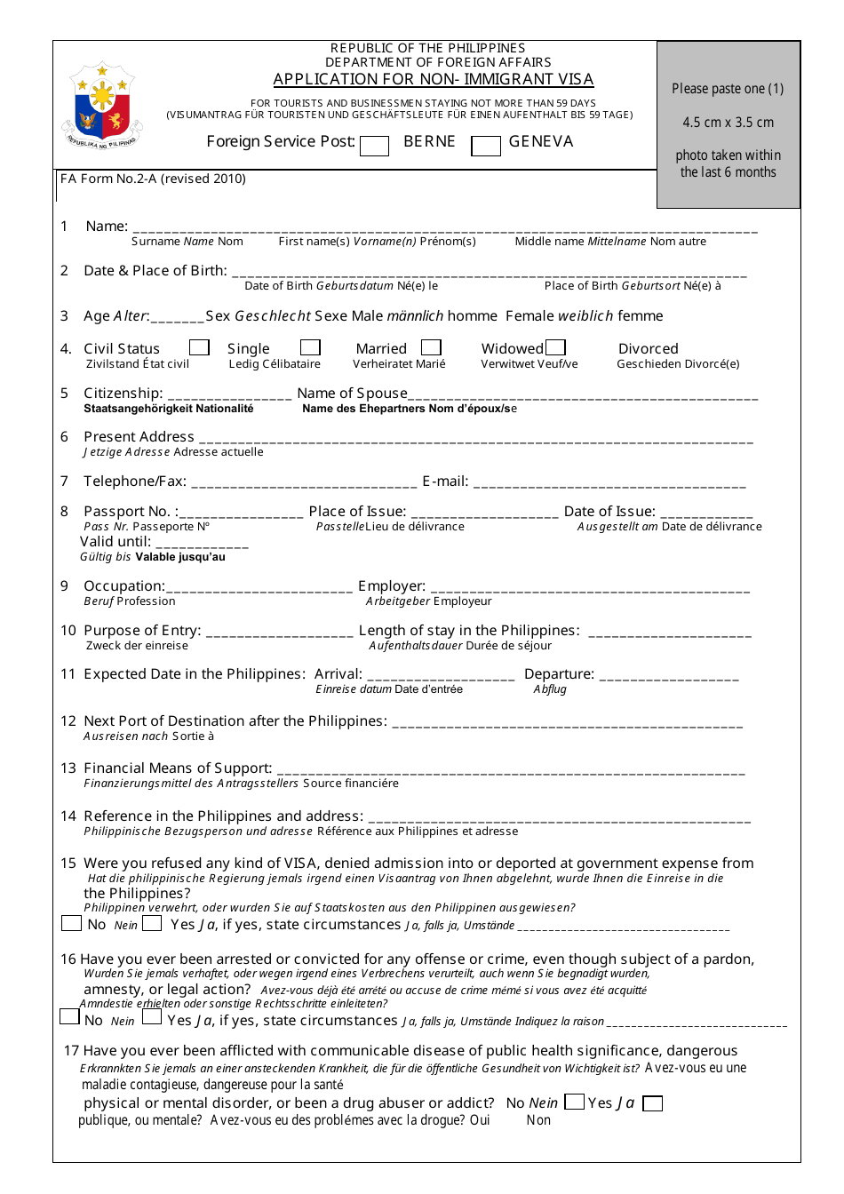 FA Form 2-A Application for Non-immigrant Visa - Philippines, Page 1