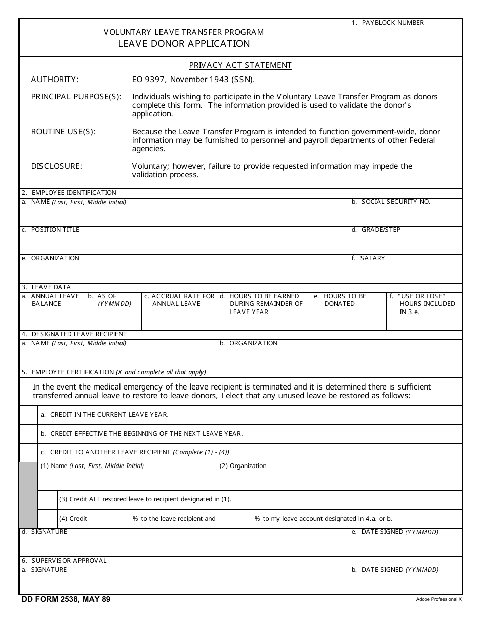 DD Form 2538 Leave Donor Application - Voluntary Leave Transfer Program, Page 1