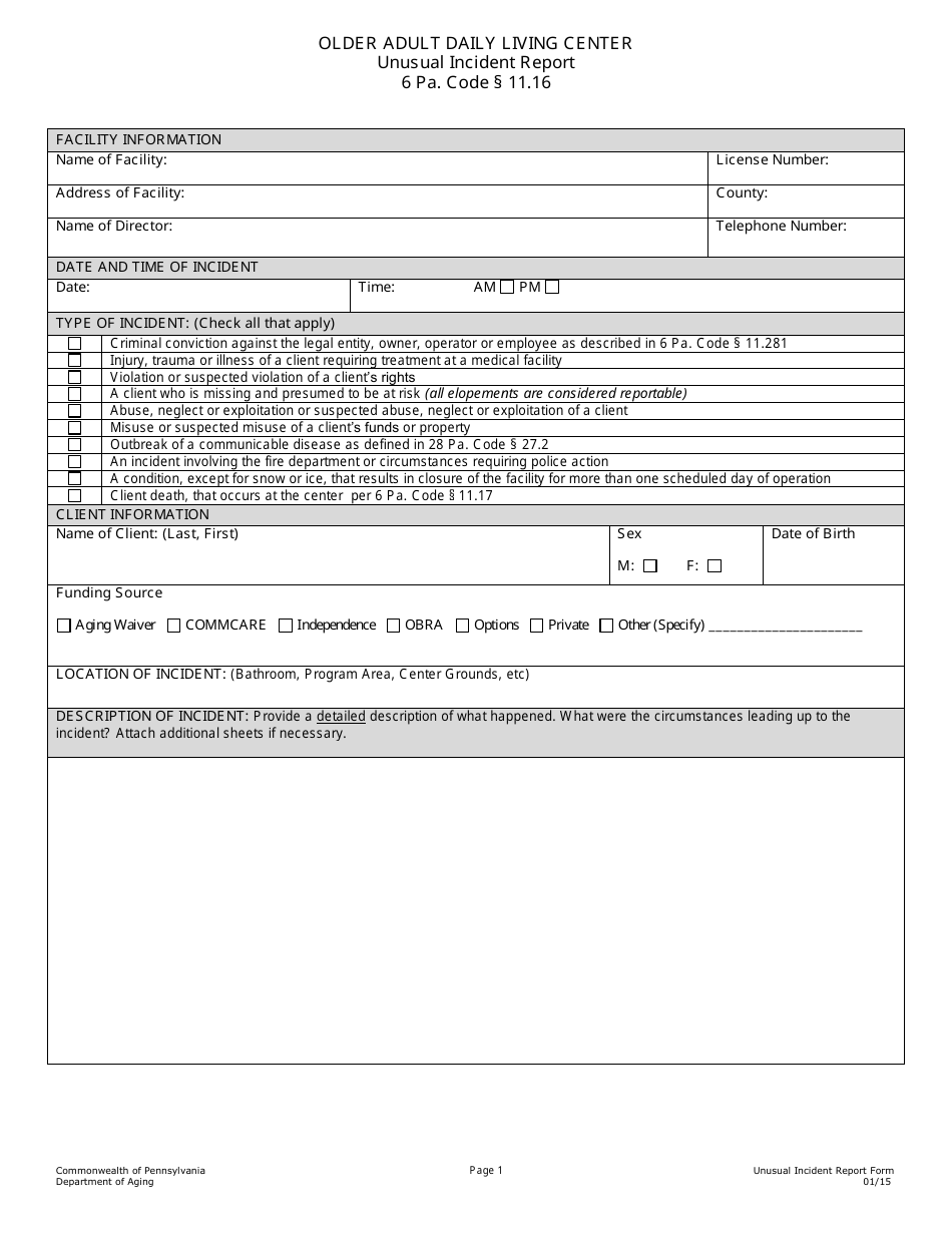 Older Adult Daily Living Center Unusual Incident Report - Pennsylvania, Page 1