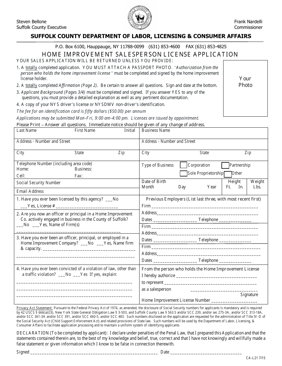 Form CA-L21 Home Improvement Salesperson License Application - Suffolk County, New York, Page 1