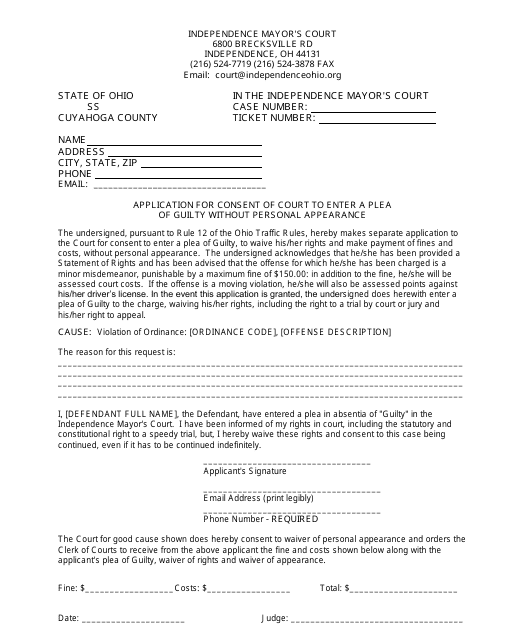 Application for Consent of Court to Enter a Plea of Guilty Without Personal Appearance - City of Independence, Cuyahoga County, Ohio
