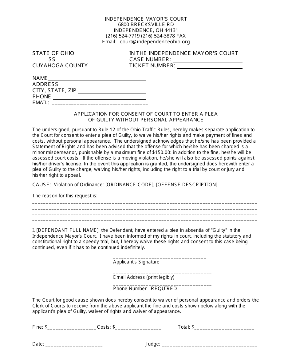 Application for Consent of Court to Enter a Plea of Guilty Without Personal Appearance - City of Independence, Cuyahoga County, Ohio, Page 1