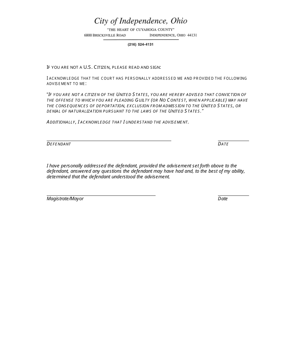 Application for Consent of Court to Enter a Plea of Guilty Without Personal Appearance - City of Independence, Cuyahoga County, Ohio, Page 3