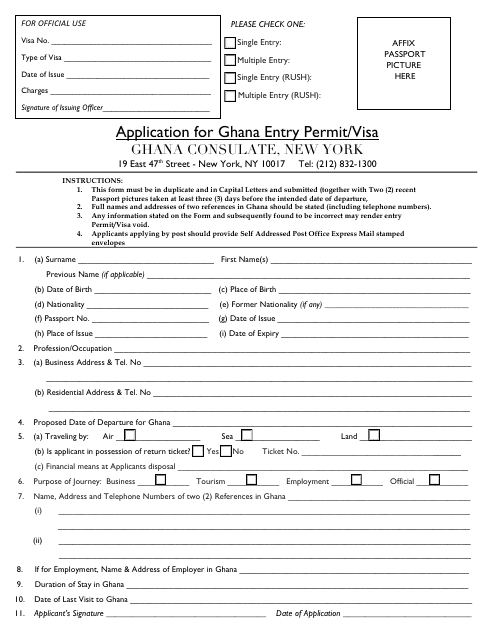 Application for Ghana Entry Permit / Visa - Ghana Consulate - New York City Download Pdf