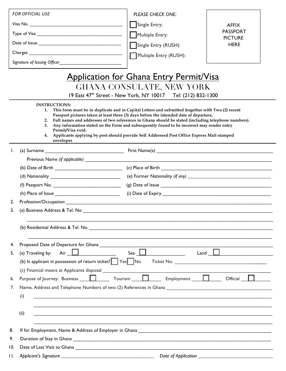Application for Ghana Entry Permit / Visa - Ghana Consulate - New York City, Page 1