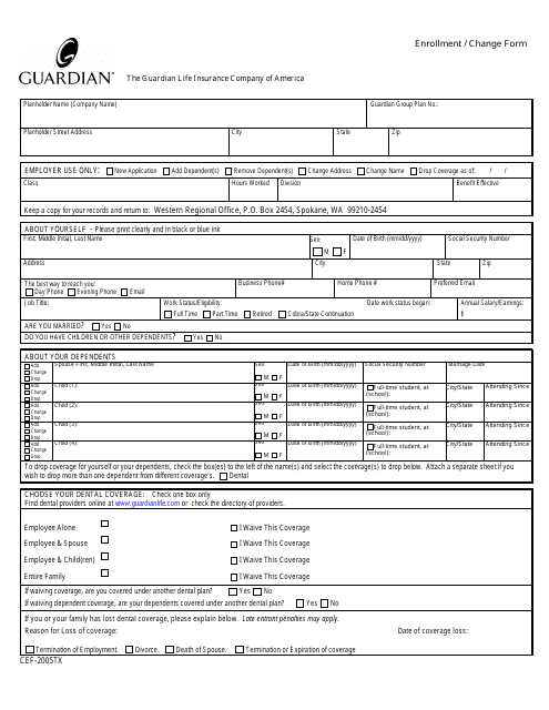 Form CEF-2005TX Enrollment/Change Form - the Guardian Life Insurance Company of America - Washington