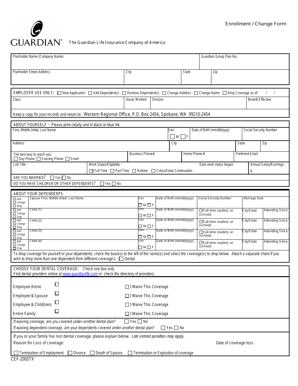 Form CEF-2005TX Enrollment / Change Form - the Guardian Life Insurance Company of America - Washington, Page 1