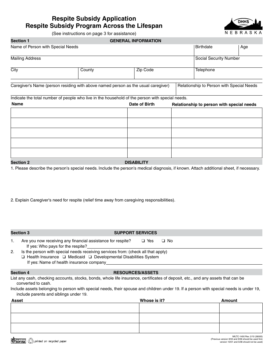 Form MILTC-1400 Respite Subsidy Application - Nebraska, Page 1