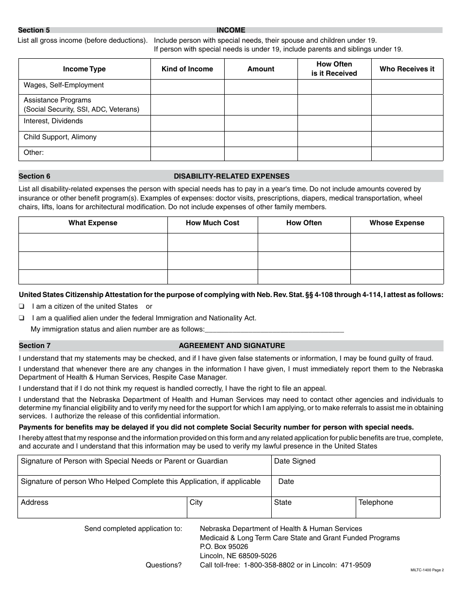Form MILTC-1400 Respite Subsidy Application - Nebraska, Page 2