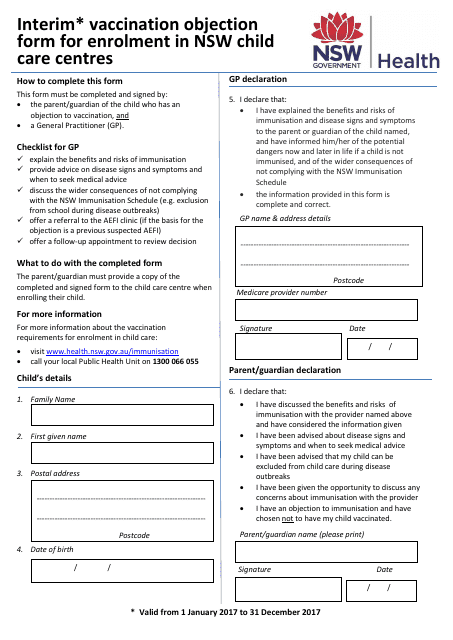 Interim Vaccination Objection Form for Enrolment in Nsw Child Care - New South Wales, Australia Download Pdf