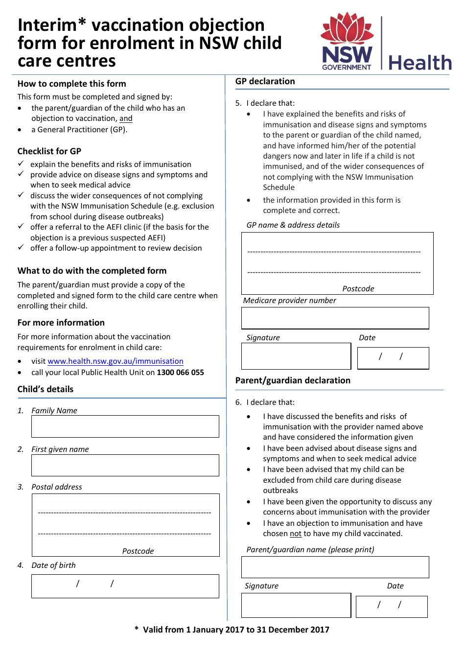 Interim Vaccination Objection Form for Enrolment in Nsw Child Care - New South Wales, Australia, Page 1