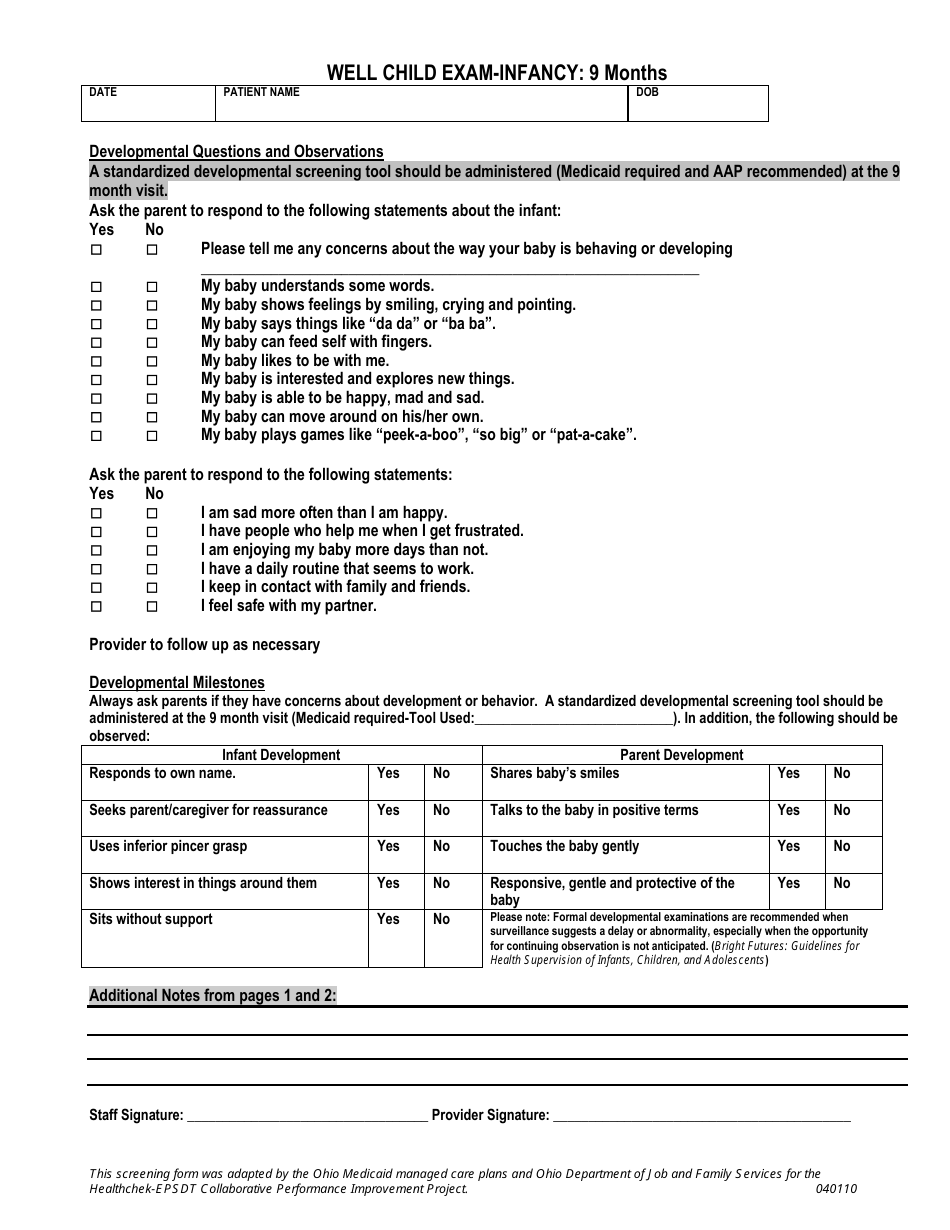 Ohio Well Child Exam Template - Infancy 9 Month - Fill Out, Sign Online 