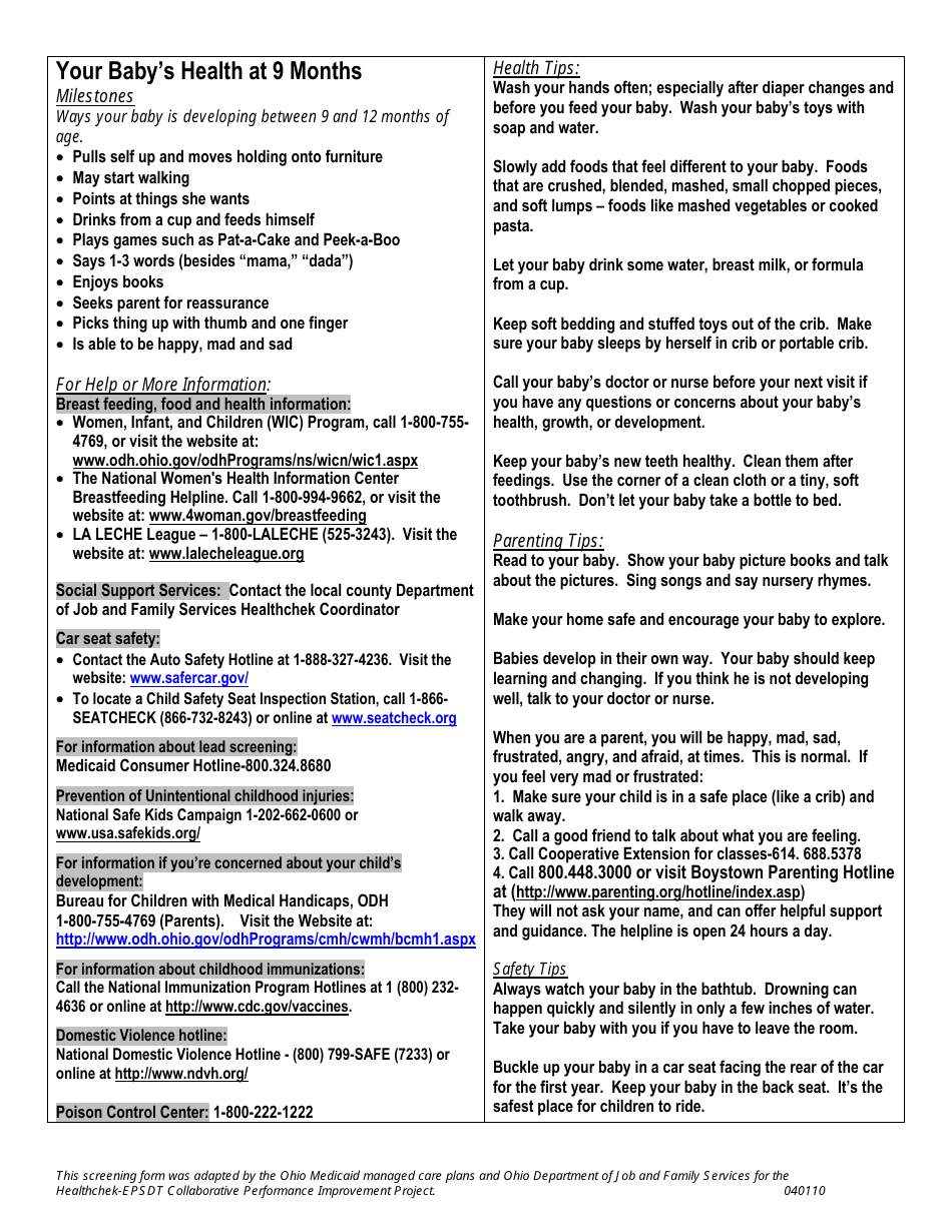 Well Child Exam Template - Infancy 9 Month - Ohio, Page 3
