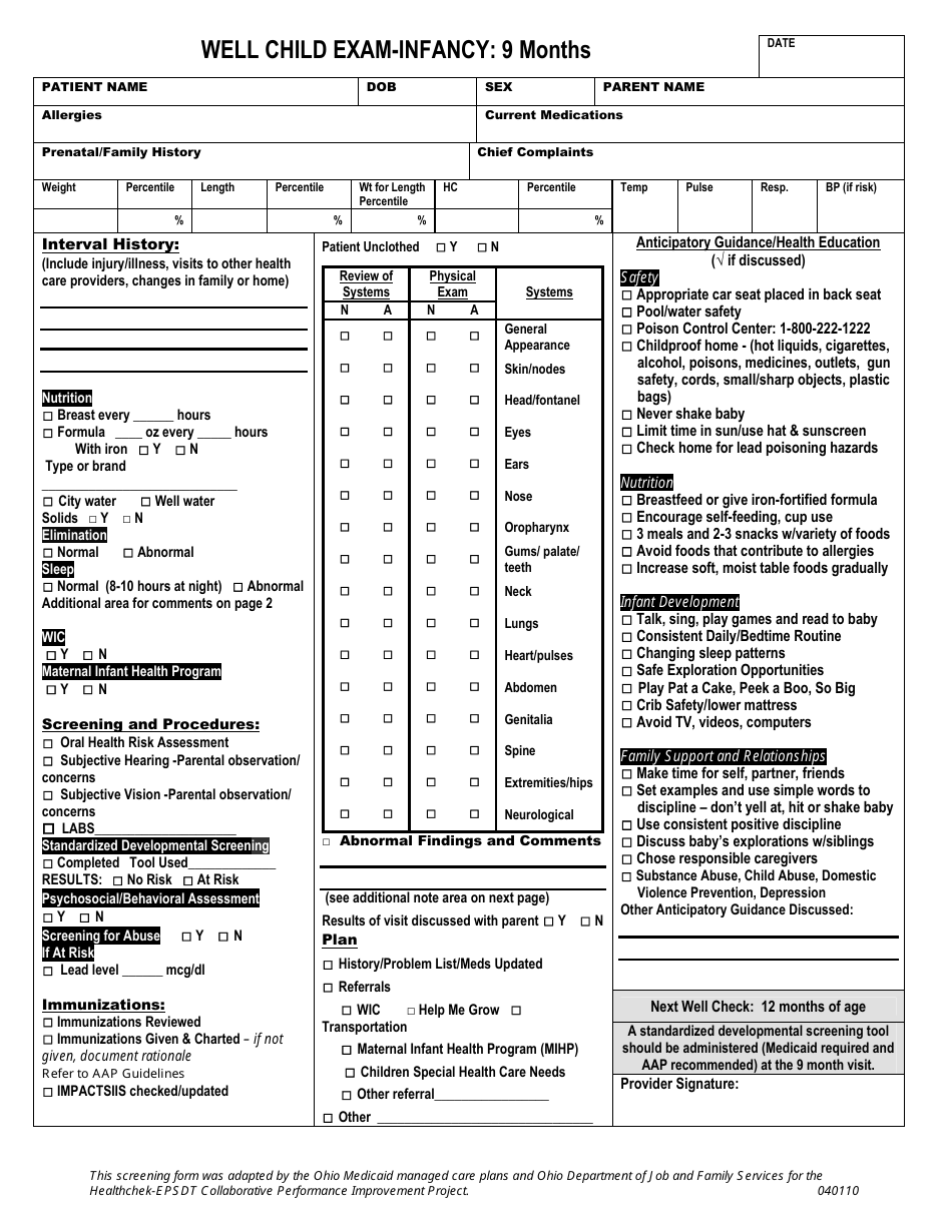 Ohio Well Child Exam Template Infancy 9 Month Download Printable PDF