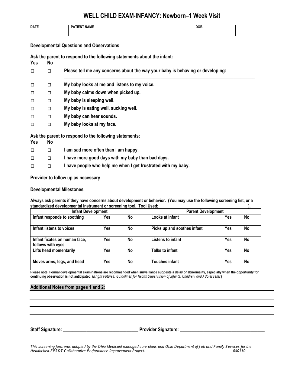 Ohio Well Child Exam Template - Infancy Newborn 1 Week Visit - Fill Out ...