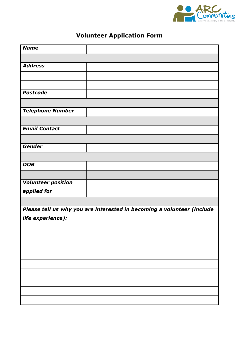 Volunteer Application Form - ARC Communities, Page 1