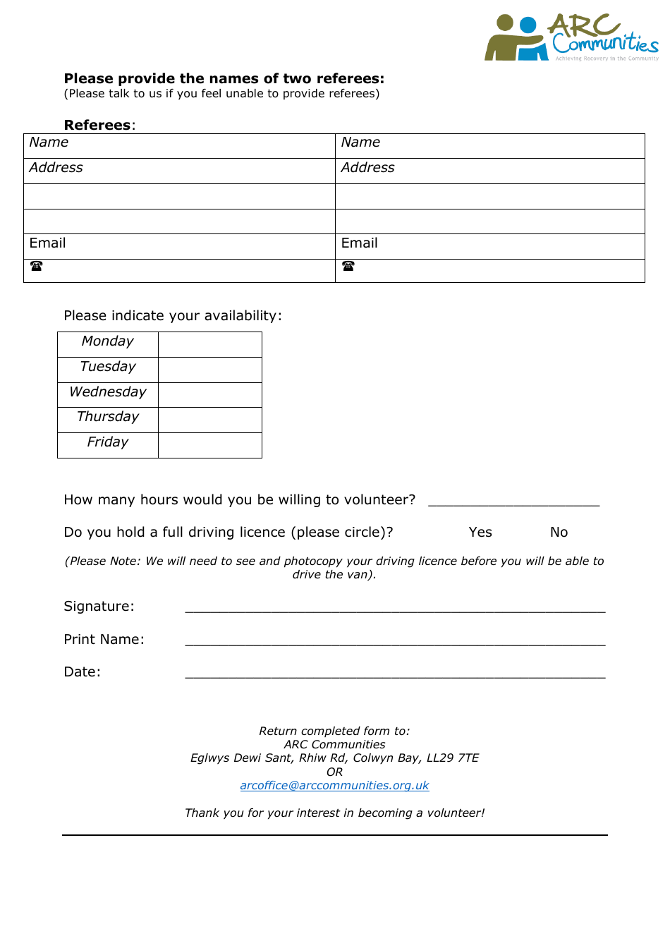 Volunteer Application Form - ARC Communities, Page 2