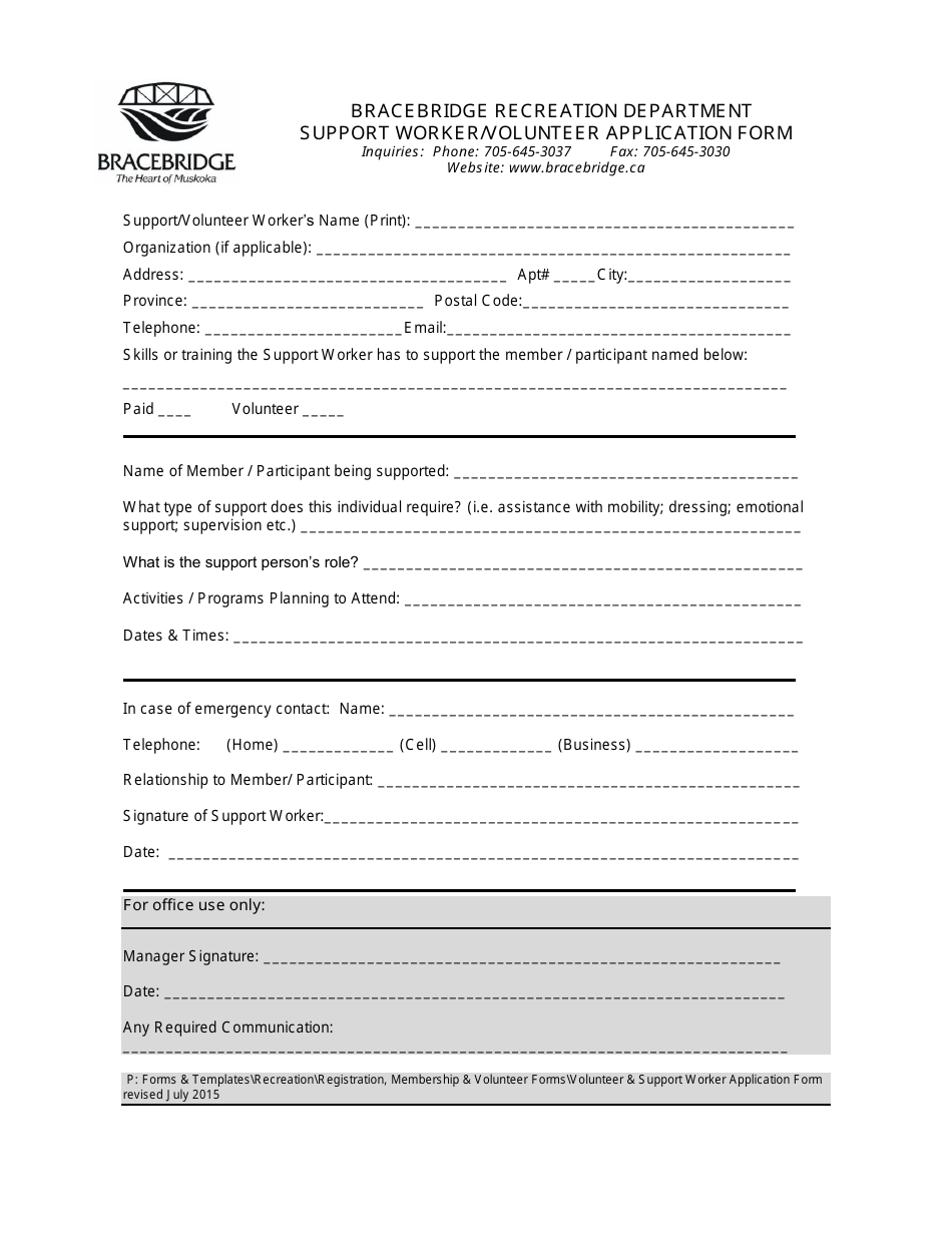 Support Worker / Volunteer Application Form - Town of Bracebridge, Ontario, Canada, Page 1