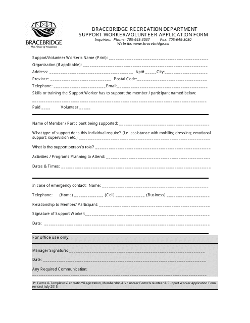&quot;Support Worker/Volunteer Application Form&quot; - Town of Bracebridge, Ontario, Canada Download Pdf