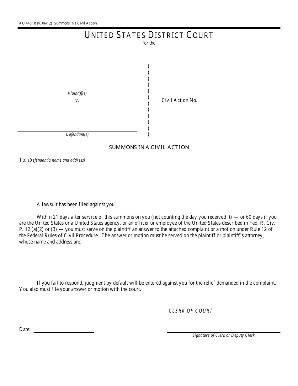 Form AO440 Summons in a Civil Action, Page 1