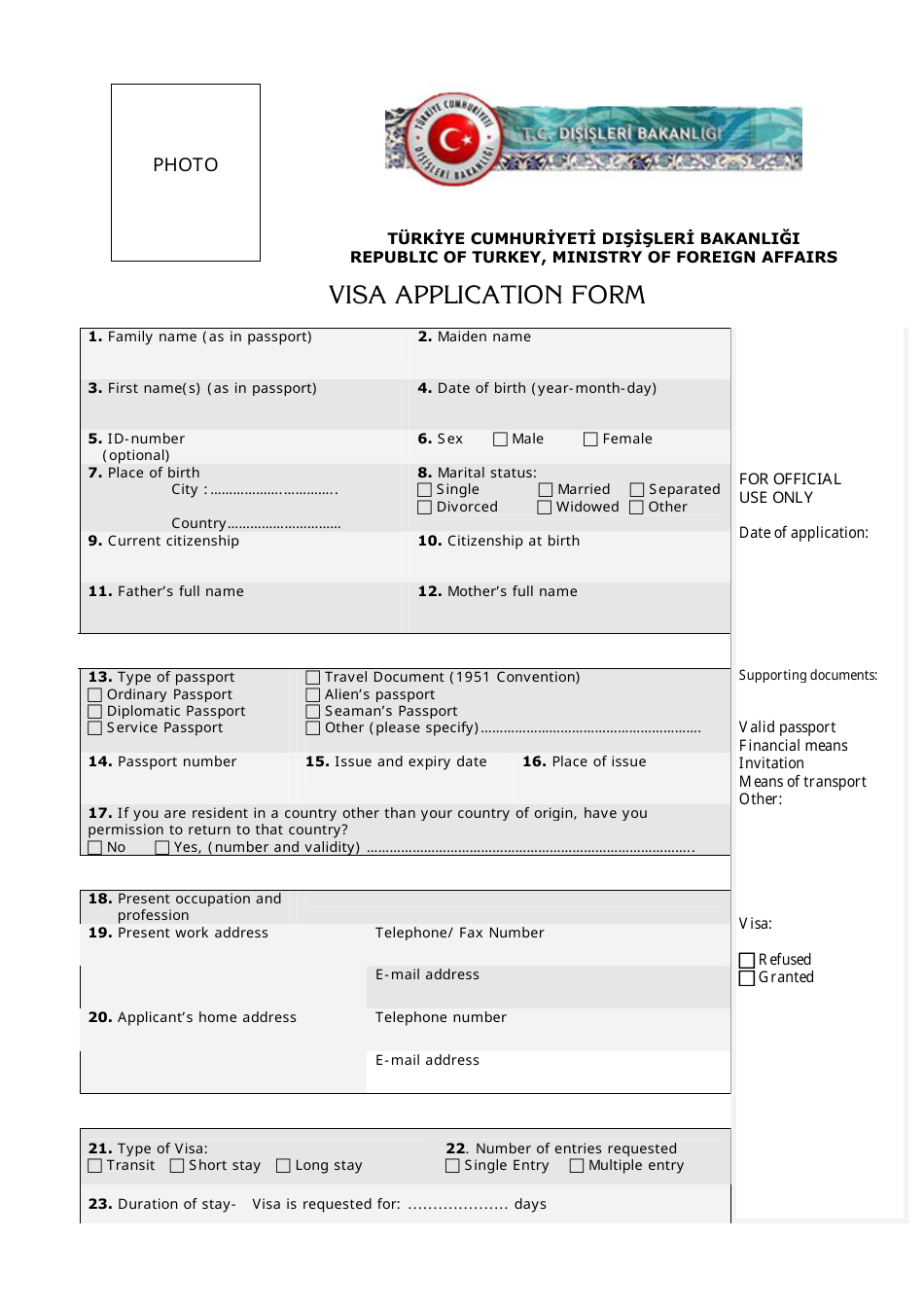 Turkish Visa Application Form, Page 1