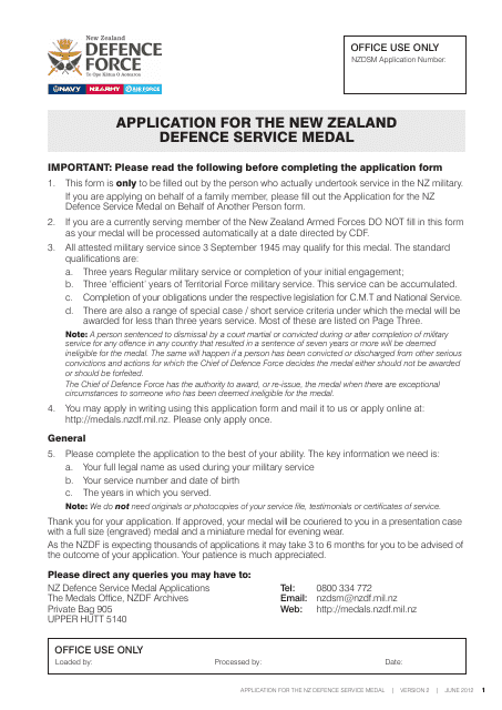 Application Form for the New Zealand Defence Service Medal - New Zealand