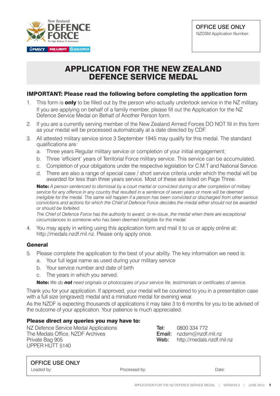 New Zealand Application Form for the New Zealand Defence Service Medal