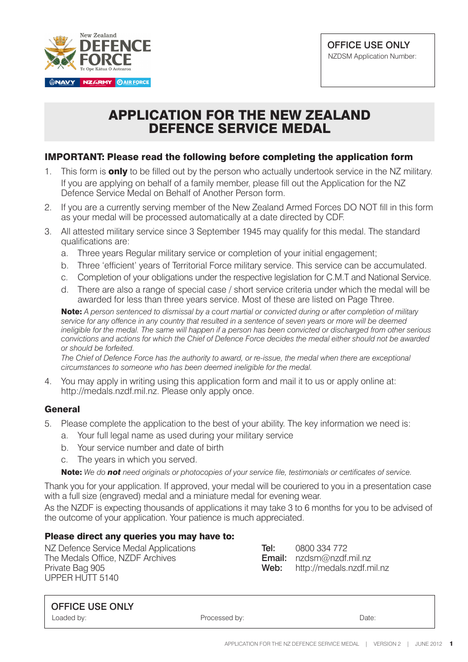 Application Form for the New Zealand Defence Service Medal - New Zealand, Page 1
